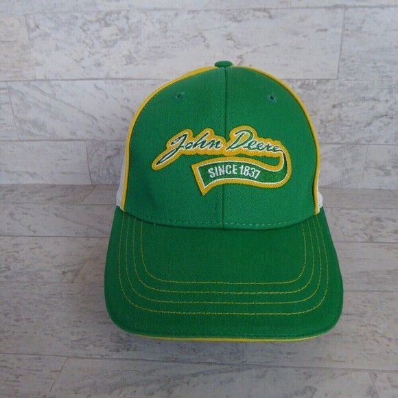 John Deere Hat Baseball Cap Yellow Green Farm Tractor Retro Mesh Work Strapback - Picture 2 of 8